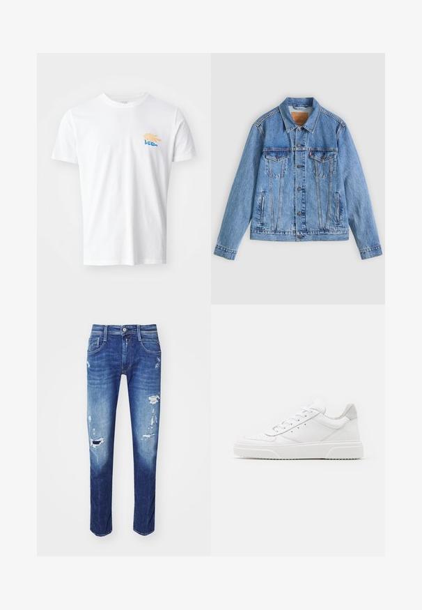 Hellblaue Jeansjacke mit spitzem Kragen, zwei Brusttaschen und Knopfverschluss, mit leicht ausgewaschener Textur und kontrastierenden Nähten.; Weißes Baumwoll-T-Shirt mit rundem Halsausschnitt und kurzen Ärmeln. Es verfügt über eine farbenfrohe Grafik mit gelben und blauen Elementen auf der Brust.; Dunkelblaue Jeans aus Denim mit Rissen, Fünf-Taschen-Design und dezentem Ausbleichen. Gerade Passform mit sauberen Nähten.; Weiße Leder-Sneaker mit glatter Oberfläche, rundem Zehenbereich, flachen Schnürsenkeln und strukturiertem Schuhsohlen. Graues Wildleder-Detail an der Ferse.