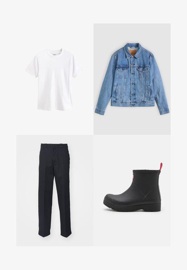 Lichtblauw spijkerjack met een puntige kraag, twee borstzakken en knoopsluitingen, met een licht verweerde textuur en contrasterende stiksels.; Effen wit T-shirt met korte mouwen en ronde hals met een zichtbaar merklabel binnenin de kraag.; Zwarte op maat gemaakte broek met rechte pijpen, gemaakt van gladde stof, met een tailleband met lussen en zonder zichtbare patronen of hardware.; Zwarte rubberen enkellaars met een gladde textuur, ronde neus en een rode lip aan de achterkant. Voorzien van een lage, stevige zool voor duurzaamheid.