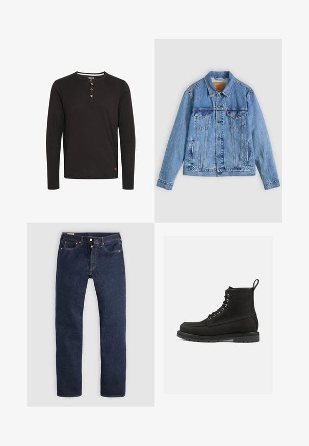Chaqueta de mezclilla azul claro con cuello puntiagudo, dos bolsillos en el pecho y botones como cierre, con una textura ligeramente descolorida y costuras en contraste.; Camisa de manga larga negra hecha de una tela suave, con un cuello redondo, tapeta de botones con botones de madera y una pequeña etiqueta de logo en el dobladillo.; Vaqueros azul oscuro de pierna recta con bragueta de botones, bolsillos delanteros y traseros, y costuras de contraste, dispuestos planos sobre un fondo claro.; Botas de cuero negras hasta el tobillo con punta redonda, diseño de cordones, ojales de metal y suela de goma texturizada. Cuenta con una lengüeta decorativa.