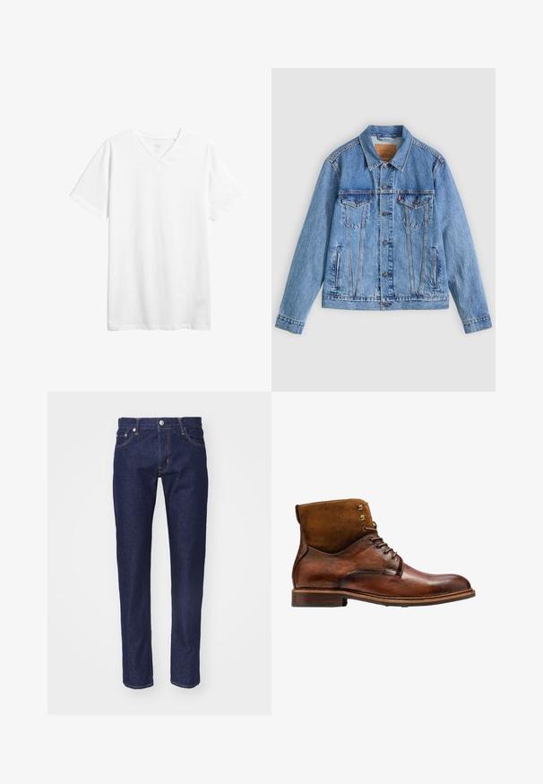 Lyseblå denimjakke med spids krave, to brystlommer og knaplukning, med en let falmet tekstur og kontrastsyning.; Hvid kortærmet v-hals t-shirt lavet af bomuld. Har en afslappet pasform og en glat tekstur uden synlige mønstre eller grafik.; Mørkeblå denim jeans med lige pasform, fem-lomme design, kontrasterende orange syninger og en sølvknaplukning i taljen.; Kazar ALID - Snørestøvletter - brown