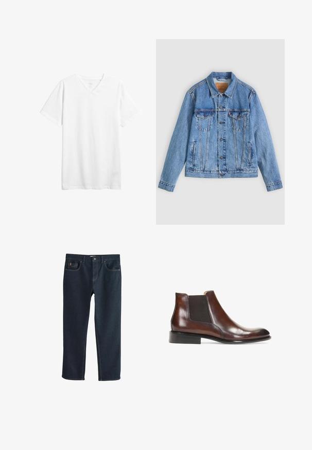 Hellblaue Jeansjacke mit spitzem Kragen, zwei Brusttaschen und Knopfverschluss, mit leicht ausgewaschener Textur und kontrastierenden Nähten.; Weißes kurzärmliges V-Ausschnitt-T-Shirt aus Baumwolle. Verfügt über einen lässigen Schnitt und eine glatte Textur ohne sichtbare Muster oder Grafiken.; Dunkelblaue Jeans aus Denim mit geradem Bein, ausgestattet mit Vordertaschen und dezenten Steppnähten. Glatte Textur, klassischer Stil.; Braune Leder-Stiefelette mit elastischen Seiteneinsätzen, glatter Oberfläche, genähten Details und einem niedrigen rechteckigen Absatz.