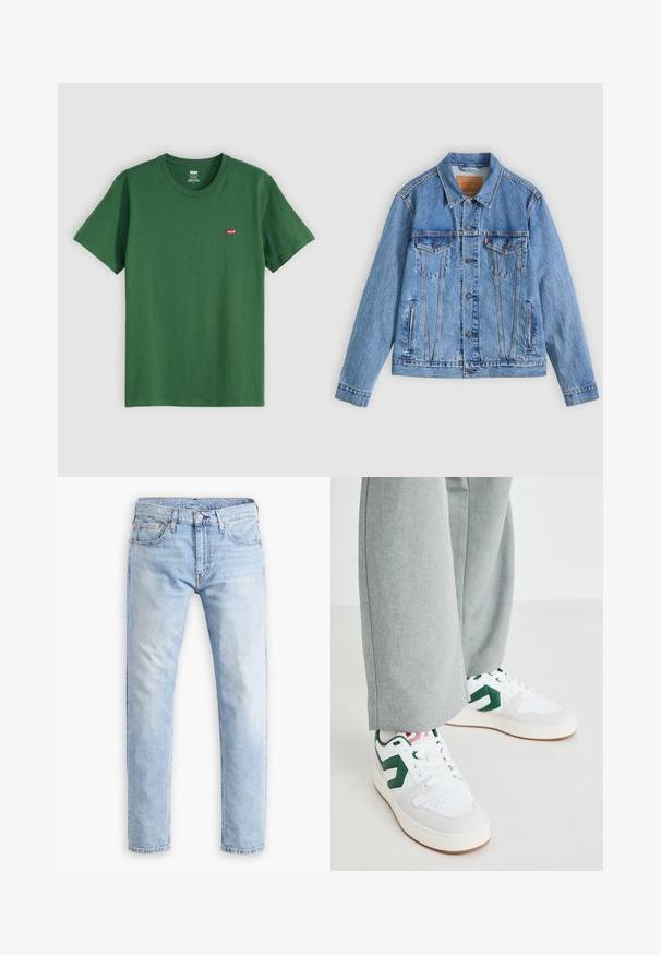 Lichtblauw spijkerjack met een puntige kraag, twee borstzakken en knoopsluitingen, met een licht verweerde textuur en contrasterende stiksels.; Groene katoenen t-shirt met een ronde hals, korte mouwen en een klein rood Levi's-logo op de linkerkant van de borst. Zachte textuur, normale pasvorm.; Lichtblauwe denim jeans met een rechte snit, vijf zakken en oranje stiksels, met een knoop- en ritssluiting.; Witte en groene sneakers van glad leer en suedemateriaal, met een opvallende groene logo-accent en witte veters. Grijze broeken gedeeltelijk zichtbaar.