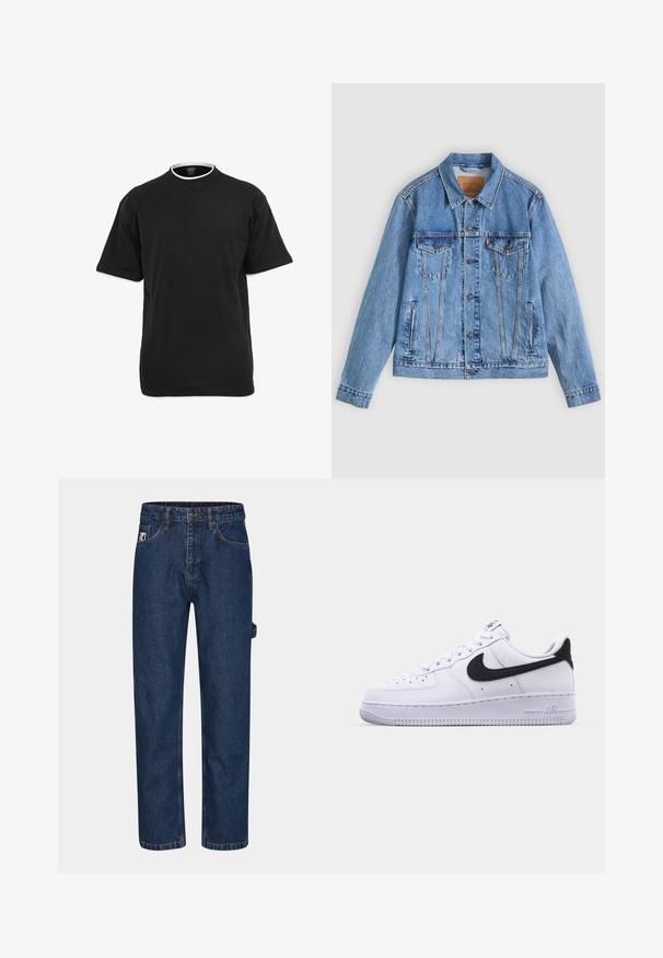 Lyseblå denimjakke med spids krave, to brystlommer og knaplukning, med en let falmet tekstur og kontrastsyning.; Sort t-shirt med korte ærmer og rund hals, med hvid kant på krave og ærmekanter, vist mod en hvid baggrund.; Mørkeblå denim jeans med lige ben, fem lommer og et synligt mærke på forsiden til venstre.; Hvide lædersneakers med en struktureret sort Swoosh, flade snørebånd og en gummisål med et rillemønster. "AIR" er præget på hælen.
