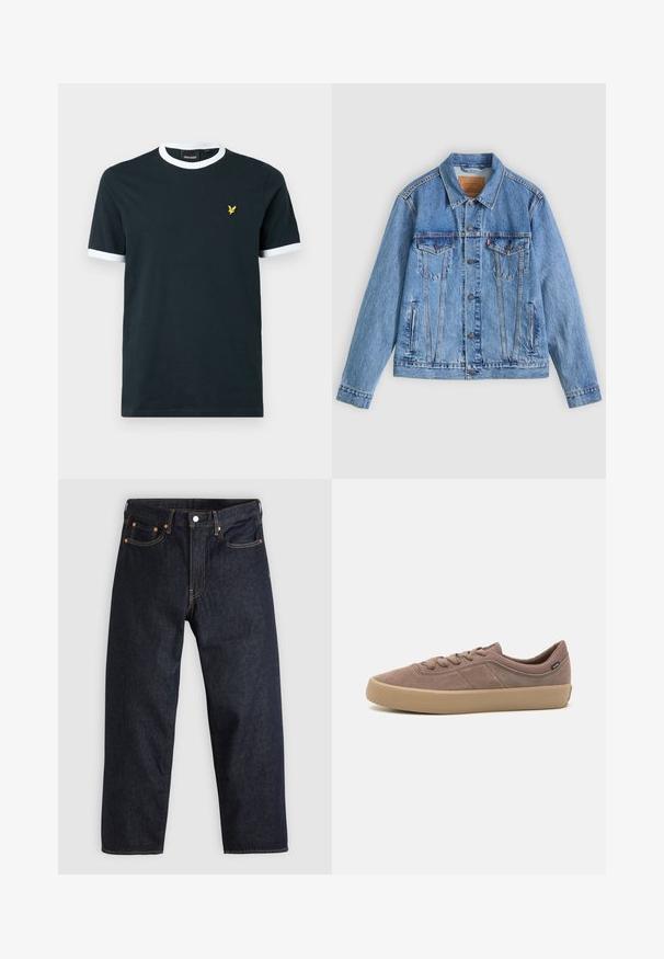 Lyseblå denimjakke med spids krave, to brystlommer og knaplukning, med en let falmet tekstur og kontrastsyning.; Marineblå bomulds T-shirt med hvid ribkant ved kraven og ærmekanterne. Udstyret med et lille gult broderet logo på venstre bryst.; Mørkeblå denimjeans med lige pasform, fem lommer, kontrasterende orange syning og knaplukning. Ingen synlige mønstre eller udsmykninger.; Lysebrune ruskinds sneakers med gummisål, rund tå, snørebåndsdesign og subtile sideaccenter for ekstra tekstur.