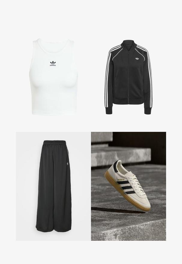 Sort zip-up sweatshirt lavet af stof med ribbede manchetter og nederkant. Har hvide accentstriber på skuldre og sider; logo på brystet.; Hvid bomulds-tanktop med en tætsiddende ribbet tekstur, rund halsudskæring og broderet sort Adidas-logo på forsiden.; Sorte løstsiddende træningsbukser lavet af glat stof. Har en elastisk talje og sidelogsstriber med logoaccents.; Hvid Adidas Spezial sneaker med sorte striber og gummisål, svævende over grå stentrin udendørs.