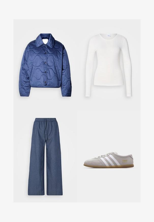 Veste matelassée bleu marine avec un grand col, une fermeture à boutons et des poches latérales. Texture lisse avec un motif de couture ondulé.; Chemise blanche à manches longues en tissu doux et lisse ; présente un col rond et une coupe ajustée, sans motifs ni embellissements.; Pantalons amples légers à rayures bleues et blanches, avec une taille à cordon de serrage et un bandeau élastique, en tissu doux et à coupe décontractée.; Baskets en daim gris avec des rayures en cuir blanc et un logo doré. Semelle en gomme plate, bout rond et design classique à lacets.