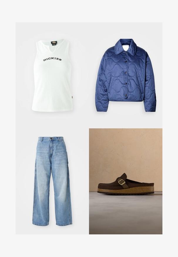 Veste matelassée bleu marine avec un grand col, une fermeture à boutons et des poches latérales. Texture lisse avec un motif de couture ondulé.; Débardeur blanc à côtes avec un design en V, affichant le mot "DICKIES" en lettres noires en gras sur la poitrine. Sans manches.; Jean large bleu clair à taille haute, avec poches latérales et texture délavée, fabriqué en denim.; Mocassin en daim marron avec semelle en liège et boucle dorée, flottant au-dessus d'un tapis beige texturé, proche d'une table basse en bois avec des livres.