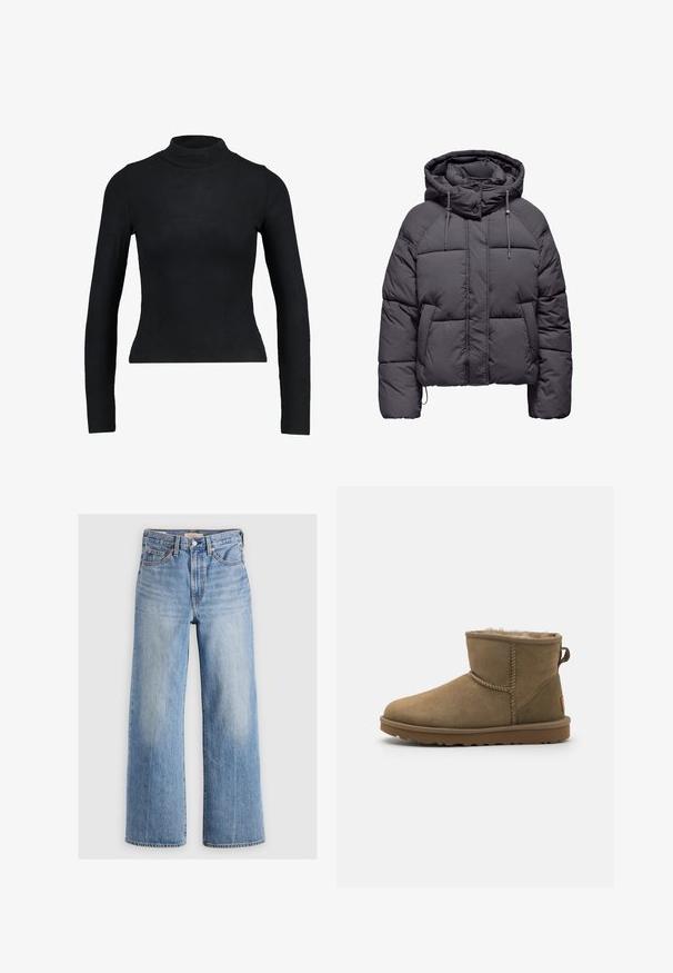 Donkergrijze gewatteerde jas met capuchon, drukknopen aan de voorkant, aantrekkoorden en zijzakken, getoond op een witte achtergrond.; Zwart langemouwen turtleneck top gemaakt van ribbelstof, met een aansluitend ontwerp en slanke silhouette. Geen patronen of accenten.; Lichtblauwe denim wijde broek met hoge taille, vervaagde plekken, vijf zakken en contrasterende stiksels. Klassieke knoop- en ritssluiting.; Bruine suède enkelboot met een zachte, pluizige voering, ronde neus en een lusaccent aan de achterkant. Vlakke rubberen zool met een gestructureerde grip.