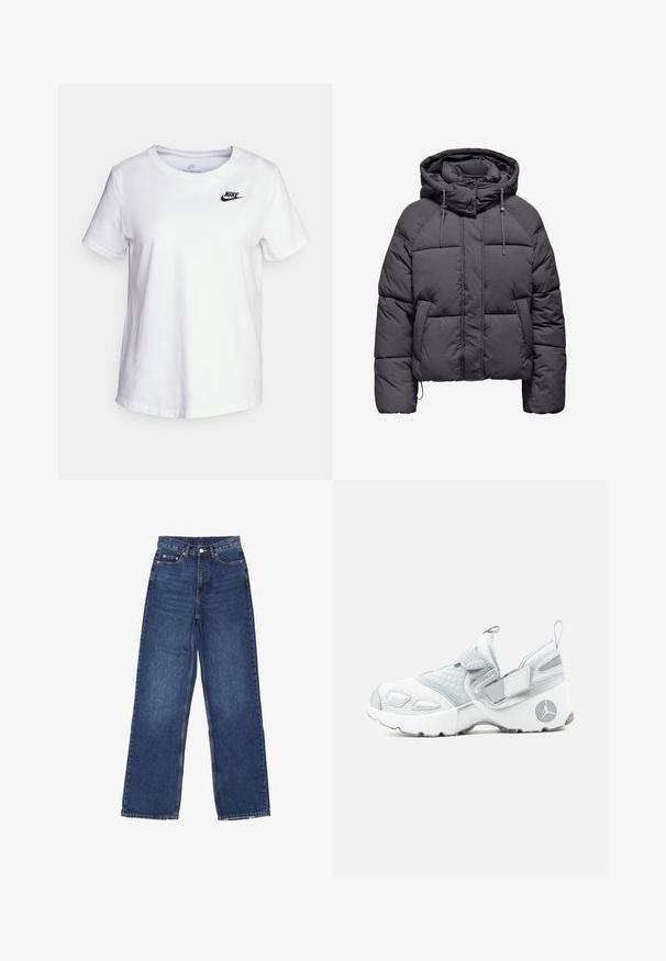 Doudoune noire à capuche, avec des boutons-pression à l'avant, des cordons de serrage et des poches latérales, présentée sur un fond blanc.; T-shirt en coton blanc avec un col rond et des manches courtes. Présente un logo Nike noir dans la partie supérieure gauche de la poitrine.; Jean en denim bleu à jambe large et taille haute, avec un système de fermeture à bouton, cinq poches et un léger délavage sur le tissu.; Baskets à enfiler blanches et grises, en tissu mesh et matelassé, avec des brides ajustables et un logo circulaire sur le talon.