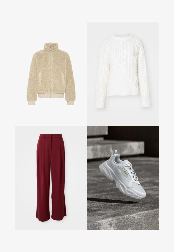 Fleecejakke i lys beige med lynlås foran, høj krave og ribbede manchetter. Har to sidelommer og en struktureret, hyggelig overflade.; Hvid strikket sweater med et tekstureret kabelmønster, rund halsudskæring og lange ærmer. Designet inkluderer en diagonalt frontsektion.; Mørkerøde viddebenede bukser med plisseringer, fremstillet af glat stof. Har en flad talje og ingen synlige lommer.; Hvid Puma sneaker med chunky sål hængende i luften over teksturerede betontrapper i blødt naturligt lys.