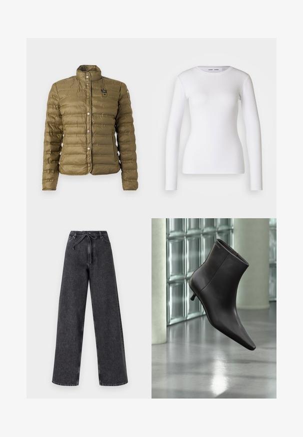 Veste matelassée vert olive avec un col haut, des boutons-pression et une texture matelassée. Présente une étiquette de marque sur la poitrine et des poignets côtelés.; Chemise blanche à manches longues en tissu côtelé, avec un col rond et une coupe cintrée. Aucun motif ni accent présent.; Jean en denim noir taille haute et jambes larges avec une fermeture à cordon. Présente une texture délavée et des détails de couture subtils.; Bottine en cuir noir avec bout pointu et petit talon, présentée devant un mur en blocs de verre et un sol poli.