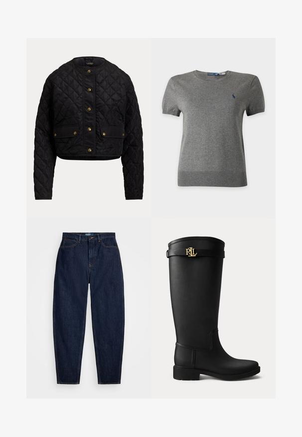 Sort quiltet jakke med rund hals, lange ærmer, knaplukning foran og to klaplommer med guldknapper.; Grå kortærmet rundhalset sweater med ribkant og lille marineblåt broderet logo på venstre bryst.; Mørkeblå denim jeans med lige pasform, der har orange syninger, en forreste knaplukning og fem lommer.; Sort knæhøj gummistøvle med lav hæl og en guldfarvet RLL-logo spænde nær toppen på en ensartet lys baggrund.