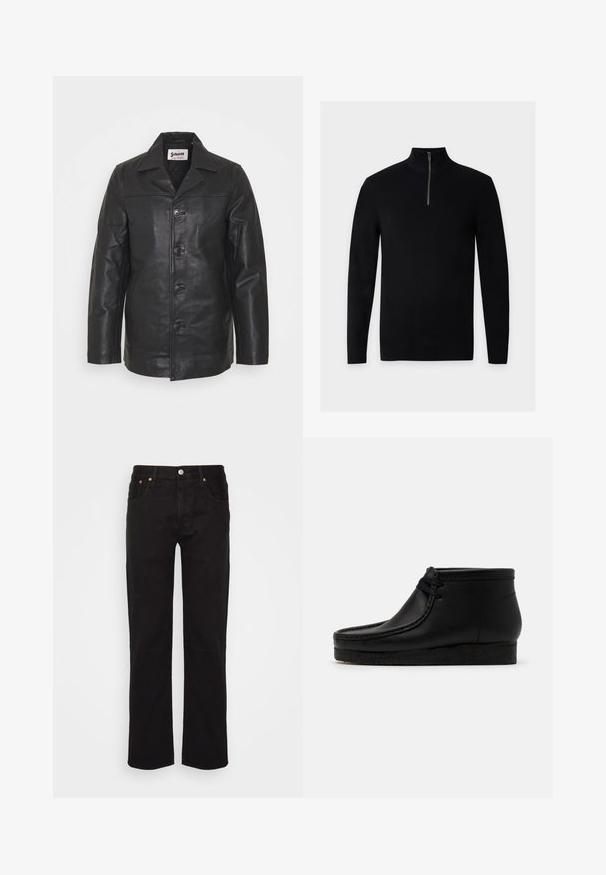 Chaqueta de cuero negra con cuello tipo camisa, cierre frontal de botones, bolsillos laterales y textura suave. Corte entallado con líneas limpias.; Jersey negro de canalé de manga larga con cuello alto y cremallera hasta la mitad, mostrado plano sobre un fondo liso.; Vaqueros negros de pierna recta hechos de algodón. Cuenta con cinco bolsillos, un botón de metal y costuras naranjas en la parte delantera.; Botas de cuero negras hasta el tobillo con puntera redondeada, detalles de costura y una suela de goma suave. Presentan un diseño de cordones en la parte delantera.