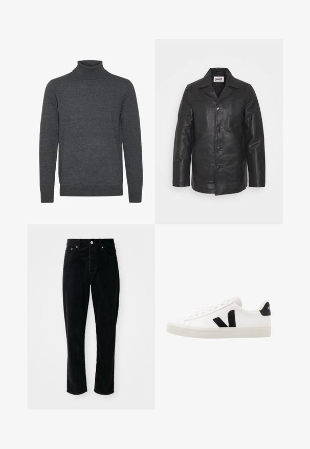Veste en cuir noir avec un col, fermeture à boutons à l'avant, poches latérales et texture lisse. Coupe ajustée avec des lignes nettes.; Pull en col roulé gris en tissu tricoté doux. Il dispose d'un col et de poignets côtelés, de manches longues et d'un design simple, sans embellissement.; Pantalon en velours côtelé noir à taille haute, jambe droite, cinq poches et accastillage en métal argenté, avec un motif texturé à côtes sur l'ensemble.; Sneaker blanche en cuir avec des accents en daim noir ; dispose d'une semelle en caoutchouc, d'un bout rond et d'un design classique à lacets. Logo latéral en noir.