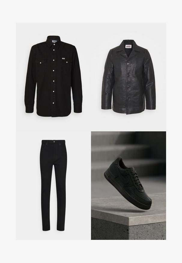 Schwarze Lederjacke mit Kragen, vorderem Knopfverschluss, seitlichen Taschen und glatter Oberfläche. Taillierte Passform mit klaren Linien.; Schwarzes Button-Up-Hemd mit spitzem Kragen, zwei Brusttaschen, weißen Druckknöpfen und strukturiertem Stoff. Wrangler-Logo auf der linken Brust.; Schwarze Skinny-Jeans aus Denim mit hoher Taille, ausgestattet mit einem Knopfverschluss vorn und fünf Taschen. Glatte Textur und taillierte Passform.; Schwarzer Nike-Sneaker mit perforierten Details, der über einer Betonbrüstung schwebt, vor einem verschwommenen grauen Hintergrund.