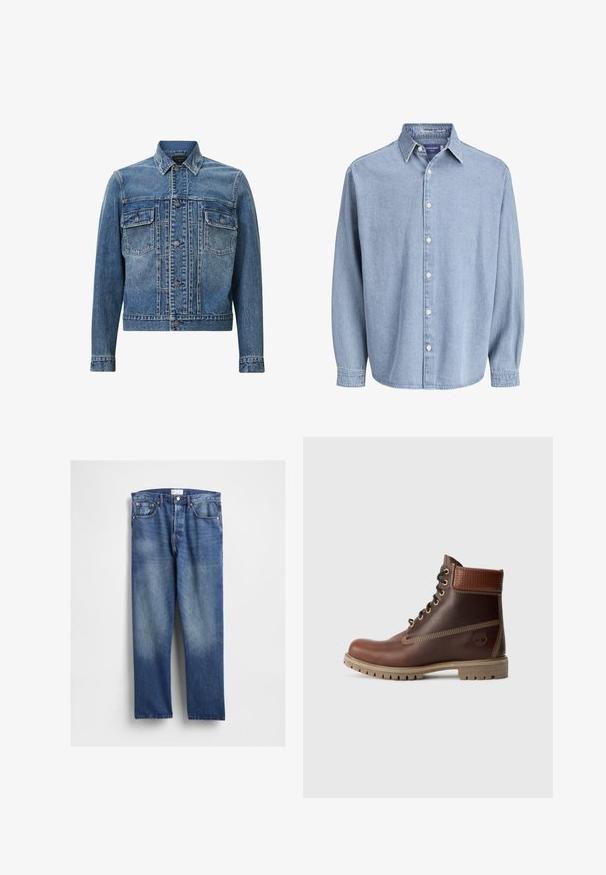 Blaue Jeansjacke mit klassischem Design, zwei vorderen Taschen, Knopfverschluss und leichter Ausbleichung für Textur und Detail.; Himmelblaue Jeanshemd mit langen Ärmeln, Kragen und weißen Knöpfen, präsentiert vor einem schlichten weißen Hintergrund.; Blaue Denim-Jeans mit geradem Bein, vorne ausgeblichen, klassischem Fünf-Taschen-Design und Metallnieten an den Taschen.; Braune Leder-Schnürstiefelette mit gepolsterter Knöchelpartie, kontrastierenden Nähten und robustem Sohlendesign, von der Außenseite auf einem weißen Hintergrund gezeigt.
