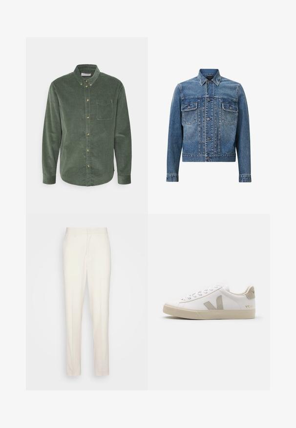 Veste en denim bleu présentant un design classique, deux poches avant, fermeture à boutons et légères décolorations pour texture et détails.; Chemise boutonnée en velours côtelé vert, à manches longues, avec un col, une poche avant et des boutons dorés. Elle présente un tissu texturé et un ourlet incurvé.; Pantalons sur mesure de couleur crème avec une coupe droite, fabriqués en tissu texturé. Dotés de passants de ceinture et d'une fermeture à glissière à l'avant.; Baskets en cuir blanc avec des accents beiges, semelle plate en caoutchouc, bout rond et logo contrastant sur le côté et à l'arrière. Design à lacets.