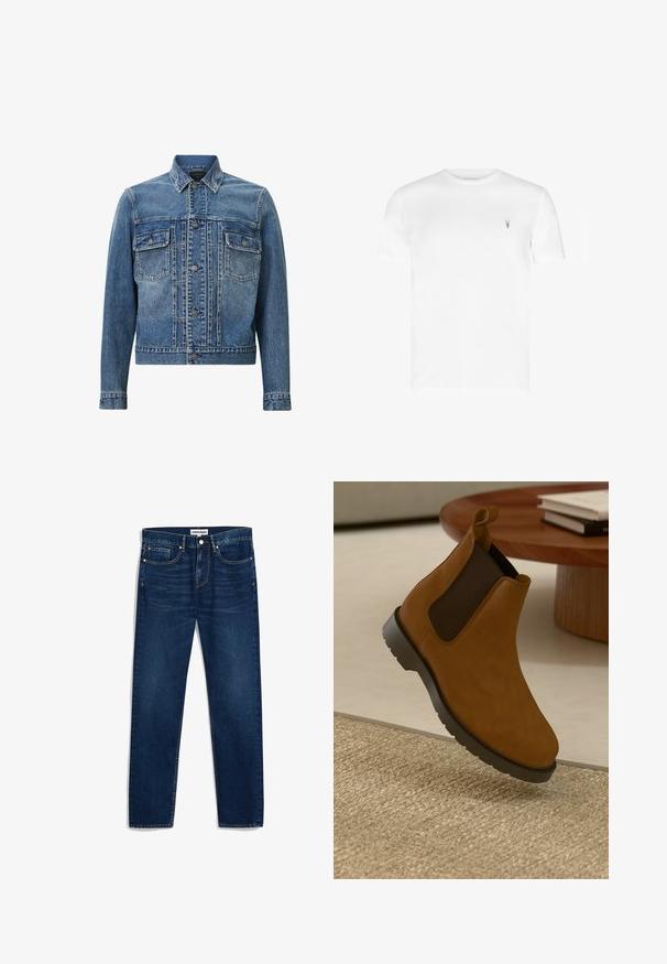 Blauwe denimjas met een klassiek ontwerp, twee voorzakken, knoopsluiting en lichte vervaging voor textuur en detail.; Wit T-shirt met korte mouwen en ronde hals, met een klein zwart geborduurd geitenkoplogo op de linkerborst.; Donkerblauwe denim jeans met een rechte snit, vijf zakken en contrasterende stiksels. Voorzien van een knoopsluiting en rits.; Bruine leren Chelsea-boots met zwarte elastische zijpanelen, een ronde neus, een getextureerde rubberen zool en een kleine trekband aan de achterkant.