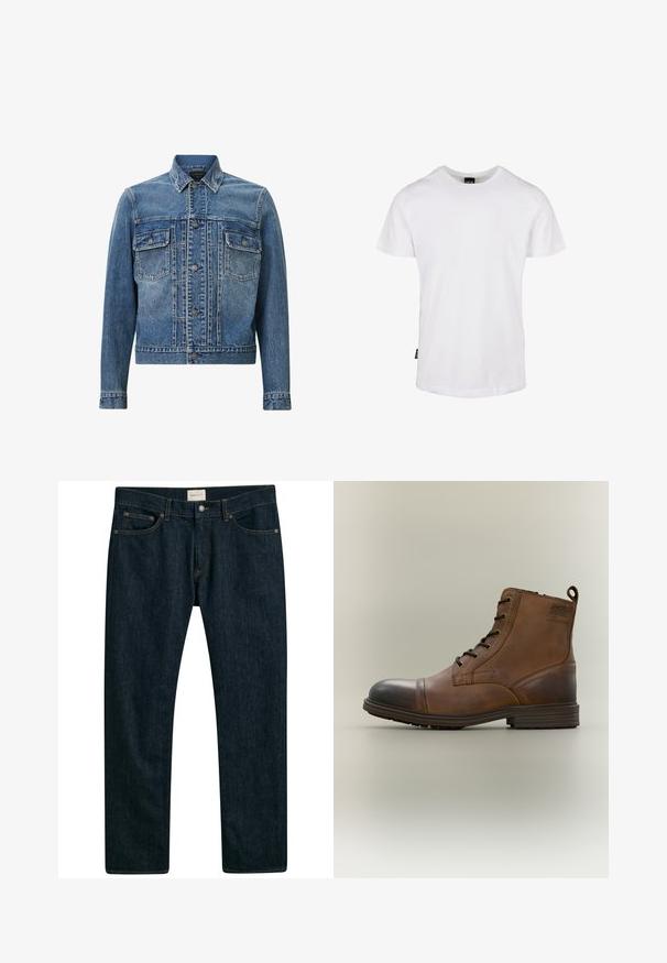 Blå denimjakke med et klassisk design, to forlommer, knaplukning og let falming for tekstur og detaljer.; Hvid bomulds T-shirt med korte ærmer, rund halsudskæring og lige pasform. Har et lille sort mærke på siden.; Mørkeblå denim jeans med lige ben, fem lomme styling og kontrastsyet på sømmene. Glat stoftekstur.; Brun læderstøvle med snørebånd, sort tåhætte, rund sål og mærket detalje på siden mod ensfarvet baggrund.