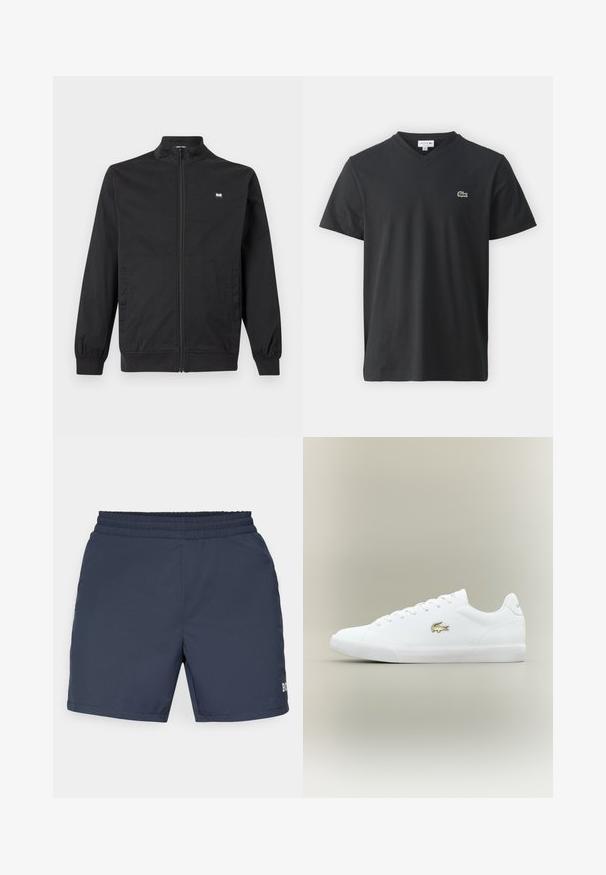 Zwarte jas met ritssluiting, opstaande kraag, elastische manchetten, zijzakken en een klein rechthoekig logo op de borst.; Zwarte katoenen t-shirt met een V-hals, korte mouwen en een klein groen geborduurd krokodillenlogo op de linkerkant van de borst.; Navyblauwe zwemboxers van lichtgewicht materiaal; voorzien van een elastische tailleband en een klein logodetail aan de onderkant rechts.; Witte leren sneakers met een gouden logo, platte veters, textuur witte zool, ronde neus en een minimalistisch ontwerp.