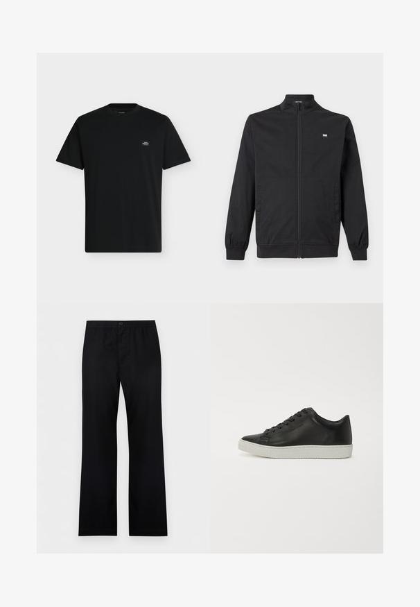 Veste noire zippée avec col montant, poignets élastiques, poches latérales et petite étiquette logo rectangulaire sur la poitrine.; T-shirt noir à manches courtes avec col rond, avec un petit patch logo rectangulaire sur la partie supérieure gauche de la poitrine.; Pantalon noir à jambes droites avec une ceinture élastique, une fermeture à bouton, et un tissu simple et lisse.; Baskets en cuir noir avec un bout rond, semelle plate en caoutchouc blanc et lacets à six œillets. Texture lisse, style minimaliste.
