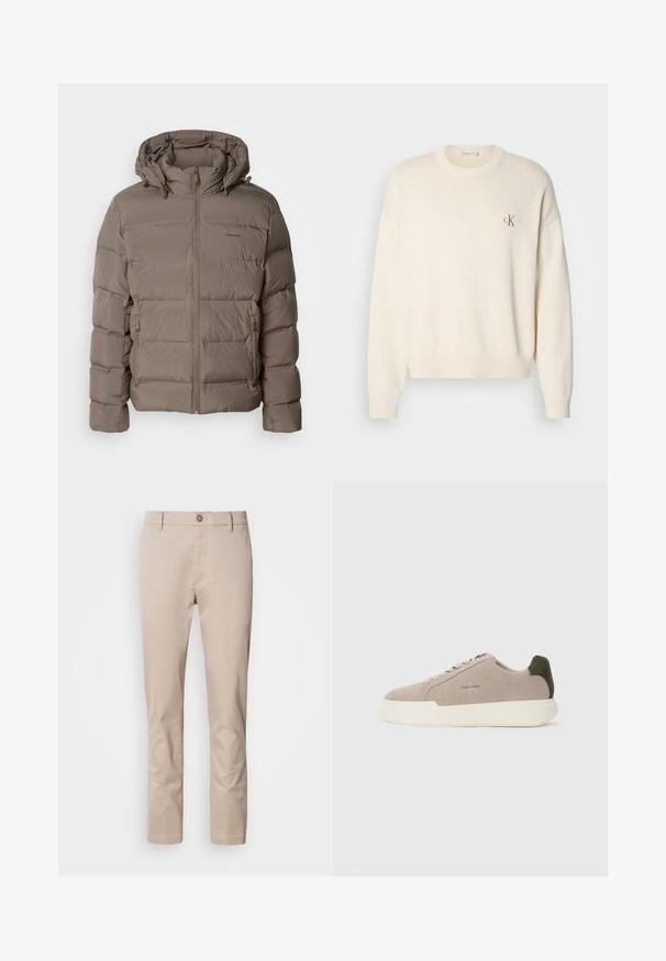 Lettejakke i dæmpet beige, med hætte, lynlås foran og sidelommer med lynlås. Lavet af quiltet, polstret materiale for varme.; Kremfarvet strikket sweater med ribbet tekstur, rund halsudskæring og drop-skuldrer. Har et lille brunt broderet logo på brystet.; Beige bomulds chinos med lige pasform, bæltestropper, en enkelt frontknap og en glat, utextureret overflade. Ingen lommer er synlige.; Beige ruskinds sneakers med en hvid gummisål, der har en mørkegrøn hælaccent og subtil branding på siden.