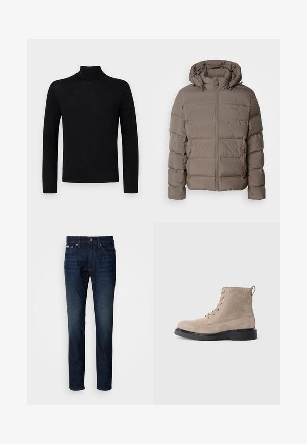 Kerged jacket mahedas beežis, millel on kapuuts, esimesed tõmblukud ja küljetaskud. Valmistatud sooja voodriga, tikkpinnaga materjalist.; Musta kõrge kaelusega sviiter, mis on valmistatud pehmest materjalist, omades pikki varrukaid ja vormivaid siluette, millel on kaeluses väike ümmargune detaile.; Tumedat sinised teksad sirge lõikega, millel on lukuga salvestus, nööp sulgemine ja ees/tagumised taskud. Õrn pleekimine reitel.; Bež nubukist rinna saapad musta kummist tallaga, nöörimise disainiga, väikese logoga embossinguga küljel ning tagaküljel tõmbeasa.