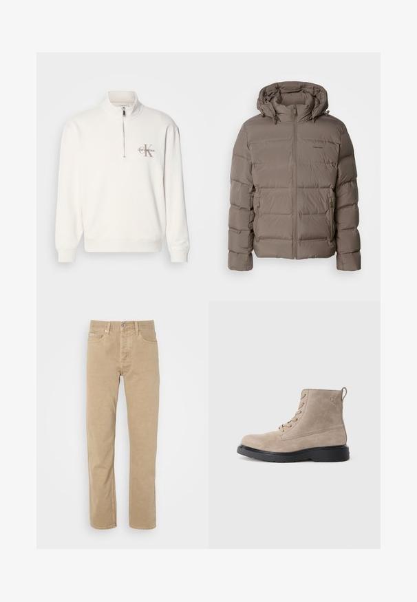 Lettejakke i dæmpet beige, med hætte, lynlås foran og sidelommer med lynlås. Lavet af quiltet, polstret materiale for varme.; Hvid pullover sweatshirt med halv-zip krave, der har et gråt logo på venstre bryst og ribbede manchetter og kant. Blødt materiale.; Beige bomuldsbukser med lige ben, der har forlommer, knaplukning og diskrete syninger langs sømmene.; Beige ruskindsankelstøvler med sort gummisål, snørelukning og et lille logo præget på siden, med en løftestrop bagpå.