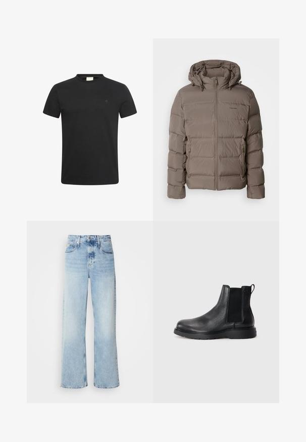 Lettejakke i dæmpet beige, med hætte, lynlås foran og sidelommer med lynlås. Lavet af quiltet, polstret materiale for varme.; Sort t-shirt med korte ærmer og rund halsudskæring med lille diskret "cK" logo på venstre bryst.; Lysblå vide jeans med høj talje, der har en falmet finish, bæltestropper og klassisk fem-lomme design. Kantene er rå.; Sorte læder chelsea støvler med tekstureret finish, elastiske sidepaneler og en robust gummisål. Subtil branding på hælen.
