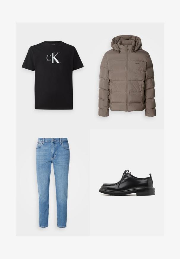 Pufferjack in gedempt beige, voorzien van een capuchon, ritssluiting aan de voorkant en zijzakken met rits. Gemaakt van gewatteerd materiaal voor warmte.; Zwarte katoenen t-shirt met een zilveren "ck" logo aan de voorkant. Korte mouwen en een ronde halslijn met een normale pasvorm.; Lichtblauwe denim jeans met een rechte pasvorm, vijf zakken en subtiele vervaging. Voorzien van een knoopsluiting en riemlussen.; Calvin Klein LACE UP APRON BRUSH OFF - Veterschoenen - black