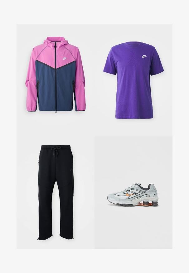 Chaqueta cortaviento de Nike con la parte superior en color rosa y la parte inferior en color marino, con cremallera frontal, capucha y bolsillos laterales.; Camiseta de algodón morada de manga corta y cuello redondo. Presenta un logo blanco de Nike en el lado izquierdo del pecho. Textura suave.; Pantalones deportivos negros con cinturilla elástica y cordón, con bolsillos laterales, piernas ajustadas y cremalleras en los tobillos. Textura suave.; Zapatilla de correr gris claro con detalles en negro, logo naranja, parte superior de malla, collar acolchado y suela de goma con unidades visibles de absorción de impactos.