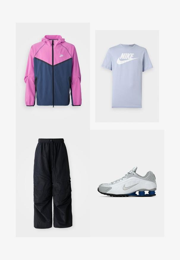 Chaqueta cortaviento de Nike con la parte superior en color rosa y la parte inferior en color marino, con cremallera frontal, capucha y bolsillos laterales.; Camiseta de algodón de manga corta color azul claro con logo y símbolo Nike blancos en el pecho, mostrada sobre un fondo liso.; Pantalones cargo negros de nylon ligero con cinturilla elástica, cordón ajustable y múltiples bolsillos en capas en las piernas.; Zapatilla de running Nike en blanco y gris con el swoosh plateado, unidades de suela azul en forma de resorte y banda de rodadura negra sobre un fondo liso.