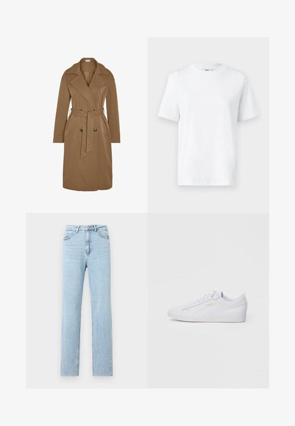 Pruun trench coat suure kraega, vöökoht on kinnitatud ja ees on kaks taskut. Valmistatud siledast kangast, sirge lõike ja topelt-nuppudega kujundusega.; Valge puuvillane ümarakaelusega T-särk, millel on lühikesed varrukad ja sile tekstuur. Kujundatud mugava ja mitmekesise istuvuse jaoks.; hele hele sinised sirge lõikega teksapüksid ees taskute, vööaasade ning kinnisnupuga ja luku sulgemisega.; Valged madalad Puma tossud, mis on varustatud nööridega esiosas, diskreetse brändingu ka külgedel ja tallal ning sujuva sünteetilise ülemise osaga igapäevaseks kandmiseks.