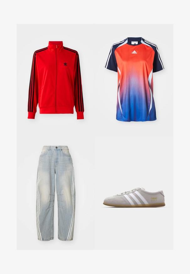 Punane tõmbluku pusa, mis on valmistatud siledast kangast, mustade külgribadega, kõrgema kraega ja väikese musta logoga rinnal.; Adidase lühikeste varrukatega spordipluus, millel on punasest siniseks üleminek, tumesinised aktsendid ja valged triibud õlgade äärte ümber.; Heledad sinine teksarihm, millel on lõtv lõige, valged triibud külgedel, kulunud detailid ja nupuga sulgemine vööl.; Hall värvi suede tossud valgete nahkraitsete ja kuldse logo detailiga. Üksikasjalik kummikummist talla, ümar nina ja klassikaline paeltega sulgemise disain.
