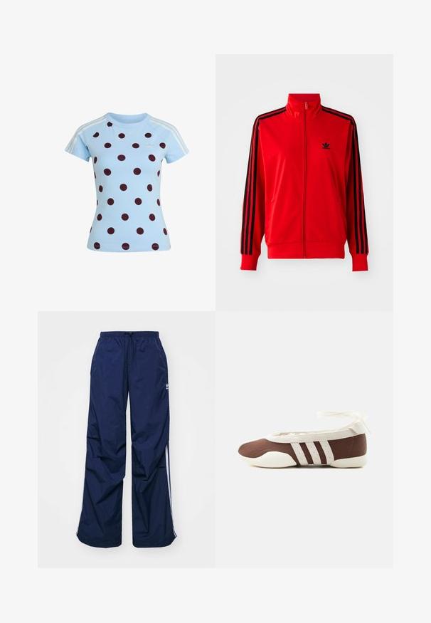 Casaco vermelho com fecho éclair feito de tecido suave, apresentando riscas laterais pretas, gola alta e um pequeno logótipo preto no peito.; Camisa azul clara de manga curta com bolinhas vermelhas escuras, riscas brancas da Adidas nas mangas e logótipo trevo da Adidas no peito.; Calças azul-marinho, leves, com cintura elástica e cordão, apresentando riscas brancas laterais e um pequeno logótipo na parte da frente. Design folgado.; Sapato de ballet plano castanho e branco com três riscas brancas e laço para amarrar no tornozelo, sobre um fundo claro simples.
