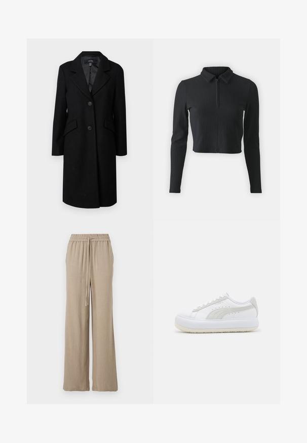 Musta villakangastakki, jossa on kauluskappale, kaksi etutaskua ja nappikiinnitys. Sisältää sileän vuoren ja muotoillun siluetin.; ONLY ONLNELLA HALF ZIP - Pitkähihainen paita - black; Vaaleanbeiget leveät housut, jotka on valmistettu kevyestä kankaasta. Ominaisuuksiin kuuluu joustava vyötärö, jossa on naru ja sivutaskut. Silkkinen pinta.; Puma MAYU MIX - Matalavartiset tennarit - white/marshmallow