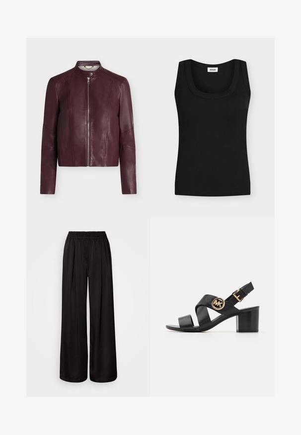 Chaqueta de cuero burdeos con mangas largas, cremallera delantera y cuello con botón de presión, mostrada sobre un fondo blanco liso.; Camiseta sin mangas negra con tejido de canalé, tirantes anchos y escote redondo, etiqueta de la marca visible en el interior del cuello.; Pantalones negros de pierna ancha con una cintura elástica, que presentan pliegues verticales, una textura de tela suave y una silueta relajada.; Sandalia de cuero negra con correas entrelazadas y un logo redondo de MK. El tacón es de altura media, proporcionando estabilidad y un diseño elegante.