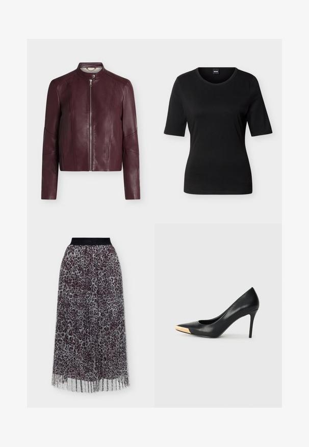 Veste en cuir bordeaux à manches longues, fermeture éclair devant et col à bouton-pression, présentée sur un fond blanc uni.; T-shirt noir ajusté à manches courtes avec col rond et étiquette de marque à l'intérieur du col arrière.; Jupe plissée en tissu transparent à imprimé léopard et large ceinture élastique noire.; Pompe à talon haut en cuir noir avec bout pointu ; présente une accentuation métallique dorée sur le capuchon. Surface lisse avec un design épuré.