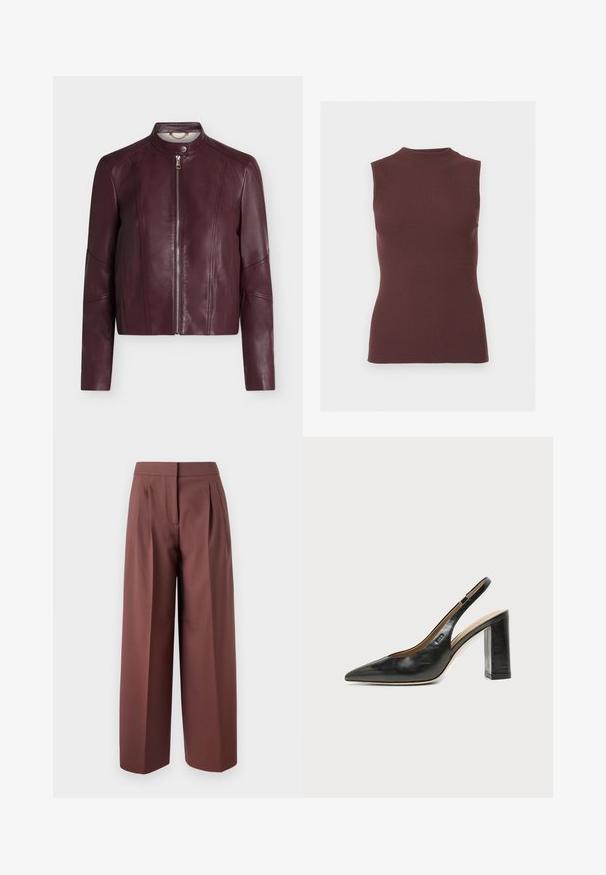 Veste en cuir bordeaux à manches longues, fermeture éclair devant et col à bouton-pression, présentée sur un fond blanc uni.; Top sans manches en maille côtelée marron foncé avec col montant et silhouette ajustée.; Pantalons larges marron à taille haute, dotés de plis à l'avant, au design ajusté et à la texture de tissu lisse.; Chaussure slingback en cuir noir à bout pointu avec un talon bloc haut et une doublure intérieure beige sur un fond clair uni.