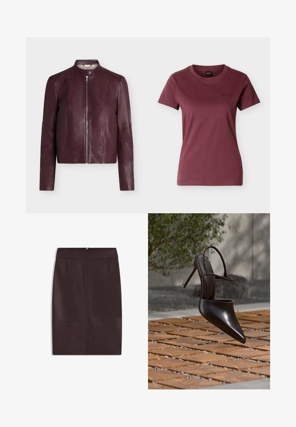 Bordeauxfarvet læderjakke med lange ærmer, frontlynlås og trykknapkrave, vist på en ensfarvet hvid baggrund.; Kortærmet, bordeaux T-shirt til kvinder med rund hals og lille broderet "BOSS"-logo på venstre bryst.; Bordeaux læderblyantnederdel med en glat tekstur, der har frontfald og en skjult lynlås bagpå til lukning.; Blank højhælet mule med spids tå og ankelrem, svævende over en terracottaflisebelagt overflade med grusfyldte mellemrum.