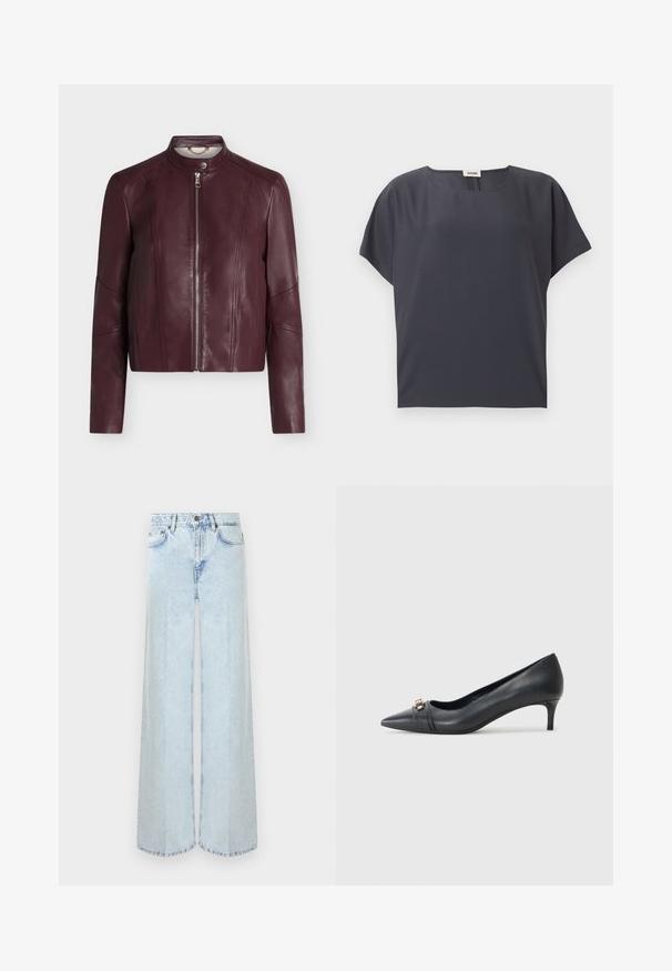 Veste en cuir bordeaux à manches longues, fermeture éclair devant et col à bouton-pression, présentée sur un fond blanc uni.; Blouse à manches courtes gris foncé avec encolure ronde et coupe ample, présentée à plat sur un fond clair.; Jean large taille haute bleu clair avec poches avant, passants de ceinture et fermeture à bouton sur un fond uni.; Escarpin noir en cuir à bout pointu avec un petit talon, doté d'une sangle texturée et d'un accent métallique à l'avant. Surface lisse et design épuré.