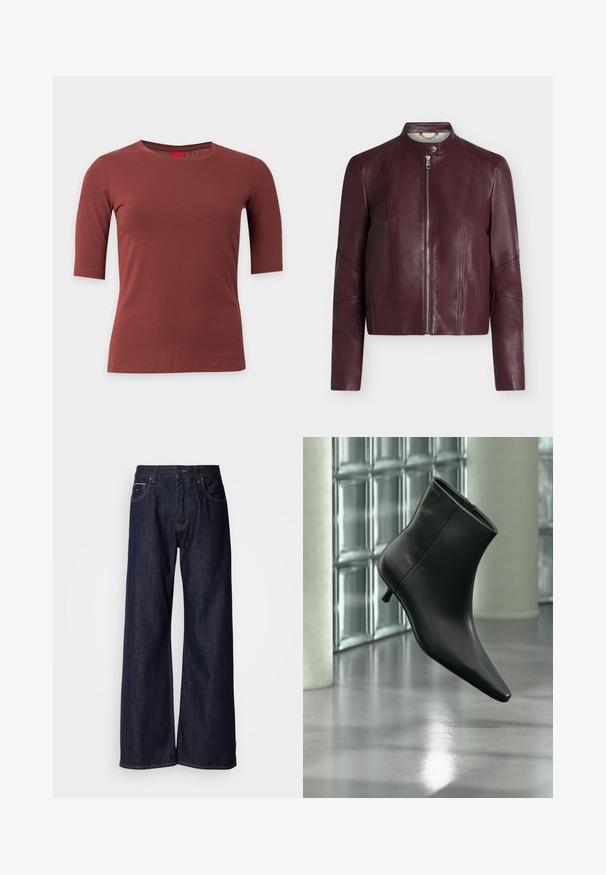 Veste en cuir bordeaux à manches longues, fermeture éclair devant et col à bouton-pression, présentée sur un fond blanc uni.; T-shirt marron à manches courtes et col rond, uni, coupe régulière, présenté sur fond blanc.; Jean en denim noir à jambes larges et taille haute, avec poches avant et détails de couture subtils. Texture lisse avec une coupe classique.; Bottine en cuir noir à bout pointu et petit talon kitten, présentée en angle devant un sol poli et un mur en blocs de verre.
