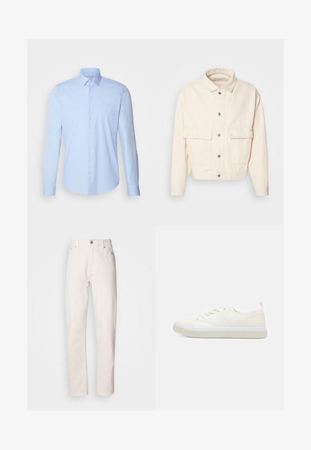 Veste en coton couleur crème avec un col, des boutons sur le devant, deux grandes poches poitrine et des manches longues. Texture lisse et design court.; Chemise boutonnée bleu clair en coton, avec un col classique, des manches longues et un petit logo sur la poitrine. Texture lisse.; Jeans en denim blanc à jambe droite, avec fermeture à bouton et à fermeture éclair, passants de ceinture, et poches avant et arrière, présentés sur fond uni.; Calvin Klein TOP LACE UP UNIFIT - Baskets basses - salt bay