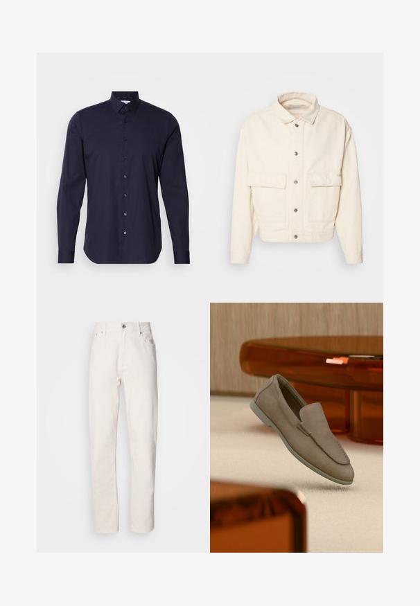 Veste en coton couleur crème avec un col, des boutons sur le devant, deux grandes poches poitrine et des manches longues. Texture lisse et design court.; Chemise bleu marine à boutons, à manches longues, avec un col classique et une coupe ajustée. Fabriquée en tissu lisse avec un logo subtil sur la poitrine.; Jeans en denim blanc à jambe droite, avec fermeture à bouton et à fermeture éclair, passants de ceinture, et poches avant et arrière, présentés sur fond uni.; Mocassin beige en daim à enfiler avec coutures visibles et semelle claire, positionné au-dessus d'un tapis crème, avec un meuble translucide orange en arrière-plan.