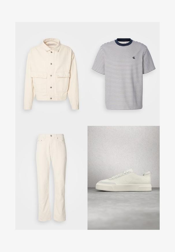 Veste en coton couleur crème avec un col, des boutons sur le devant, deux grandes poches poitrine et des manches longues. Texture lisse et design court.; T-shirt en coton rayé avec col et poignets bleu marine, présentant des rayures horizontales bleues et blanches ; petit logo brodé sur la poitrine.; Jeans en coton beige avec un design classique à jambe droite, comportant une fermeture à bouton à l'avant, cinq poches et des détails de couture subtils.; Baskets blanches basses avec une semelle épaisse, logo en relief sur le côté et lacets, présentées dans un cadre intérieur moderne et réfléchissant.