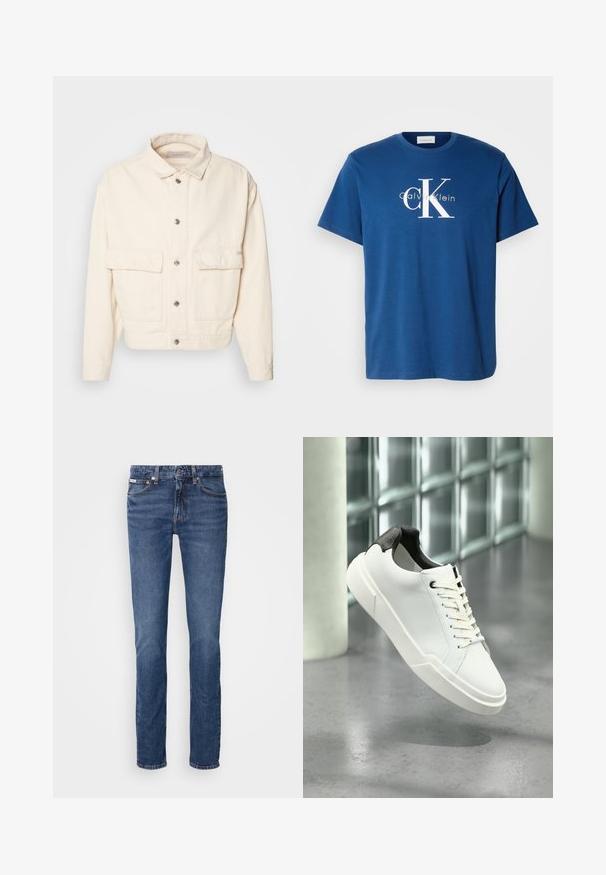 Veste en coton couleur crème avec un col, des boutons sur le devant, deux grandes poches poitrine et des manches longues. Texture lisse et design court.; T-shirt en coton bleu avec un col rond, des manches courtes et un logo "CK" blanc avec le texte "Calvin Klein" en vert clair contrastant en dessous.; Jean en denim bleu avec une coupe droite, présentant un agencement classique à cinq poches et des accents en cuivre au niveau de la taille et des poches.; Baskets basses blanches avec languette de talon noire texturée, lacets blancs et semelle épaisse sur un sol en béton poli près de blocs de verre.