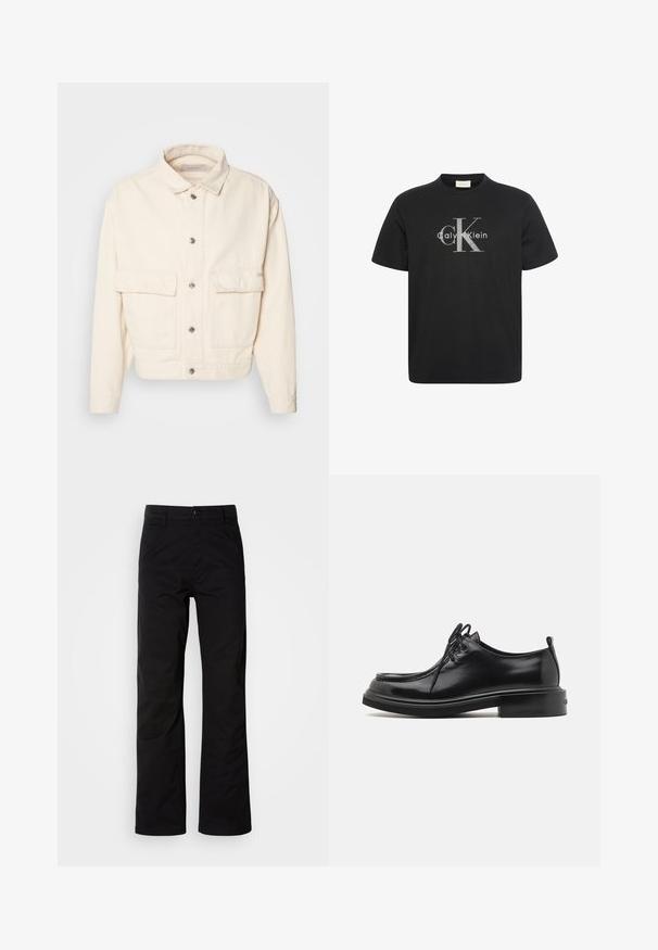 Veste en coton couleur crème avec un col, des boutons sur le devant, deux grandes poches poitrine et des manches longues. Texture lisse et design court.; T-shirt noir à manches courtes avec un grand logo gris "cK" et un texte blanc "Calvin Klein" centré sur la poitrine.; Pantalons en coton noir avec une coupe droite, dotés d'une fermeture à bouton et de passants de ceinture. Texture lisse et style minimaliste sans motifs visibles.; Calvin Klein LACE UP APRON BRUSH OFF - Derbies - black