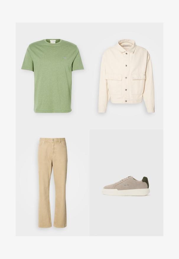 Veste en coton couleur crème avec un col, des boutons sur le devant, deux grandes poches poitrine et des manches longues. Texture lisse et design court.; T-shirt en coton vert clair à manches courtes, col rond et petit logo brodé sur la poitrine gauche.; Pantalons en velours côtelé beige évasés avec une fermeture à bouton et à fermeture éclair, comportant cinq poches et des coutures visibles le long des jambes. Texture lisse.; Baskets en suède beige avec une semelle en caoutchouc blanche, présentant un accent de talon vert foncé et une branding subtile sur le côté.