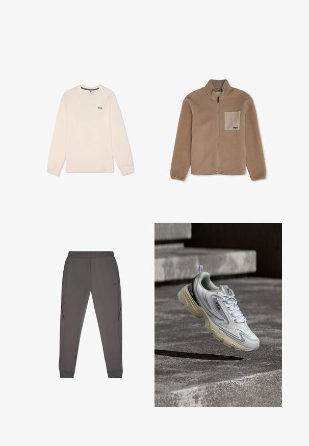 Chaqueta de forro polar beige con cuello alto y cierre de cremallera. Cuenta con un bolsillo en el pecho cuadrado, en tono marrón, con logo y una tela suave y texturizada.; Camisa de manga larga de algodón color crema. Presenta un pequeño logotipo verde de "FILA" en el pecho y un diseño de cuello redondo con puños acanalados.; Pantalones de chándal grises hechos de un tejido suave, con cinturilla elástica, bolsillos laterales, puños acanalados y un pequeño logotipo en la cadera.; Zapatilla FILA blanca y beige suspendida sobre escalones de hormigón, mostrando detalles de diseño lateral y superior con cordones y marca.