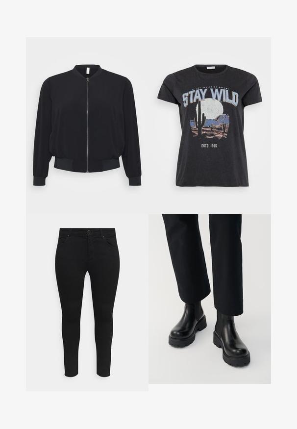 Chaqueta bomber negra hecha de un tejido ligero, con cremallera frontal, puños y dobladillo acanalados, y un diseño clásico de cuello redondo.; Camiseta de algodón negra con un estampado gráfico de una escena del desierto con cactus, una luna y la frase "MANTENTE SALVAJE" en letras azules.; Vaqueros skinny negros hechos de una tela elástica, con bolsillos delanteros, cierre de botón y un diseño elegante sin patrones ni adornos visibles.; Persona que lleva botas de tacón grueso de cuero negro combinadas con pantalones negros de pierna recta sobre un fondo blanco.